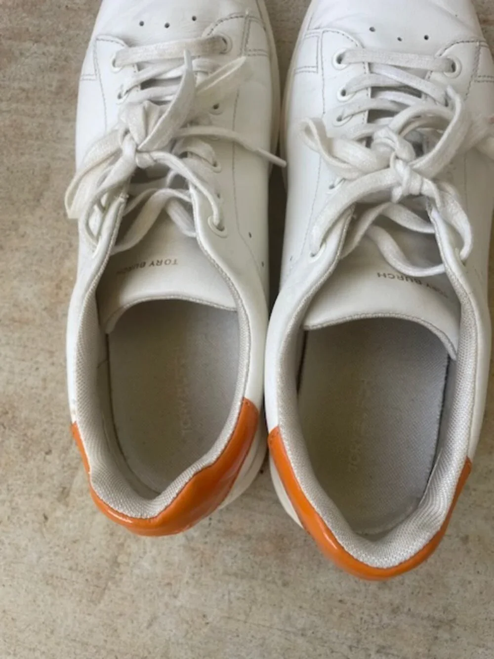 Tory Burch Women's Howell Court Leather Sneakers, White Orange, Size 9